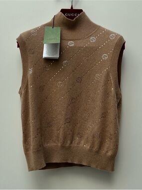 Gucci Brown Sleeveless Turtleneck Knit Vest with Stud Detail